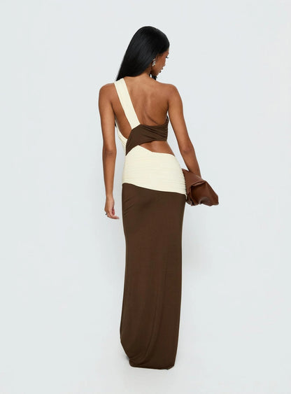 Princess Polly Loletta Draped One Shoulder Maxi Dress- Yellow/Brown