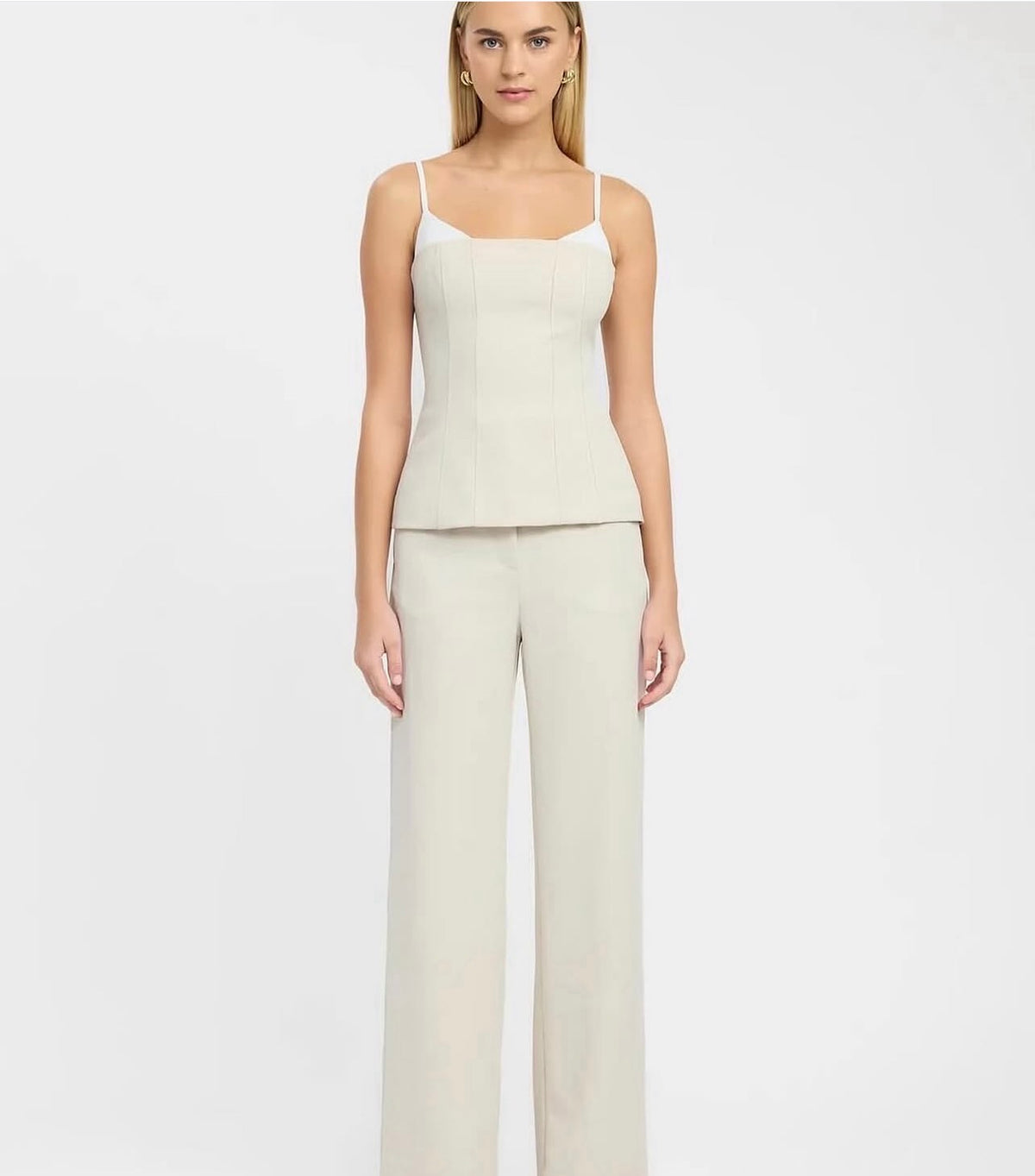 Kookai Ariel Contrast Top & Ariel Straight Leg Pants- Almond Milk