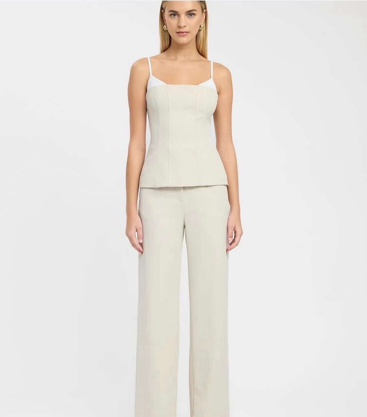 Kookai Ariel Contrast Top & Ariel Straight Leg Pants- Almond Milk
