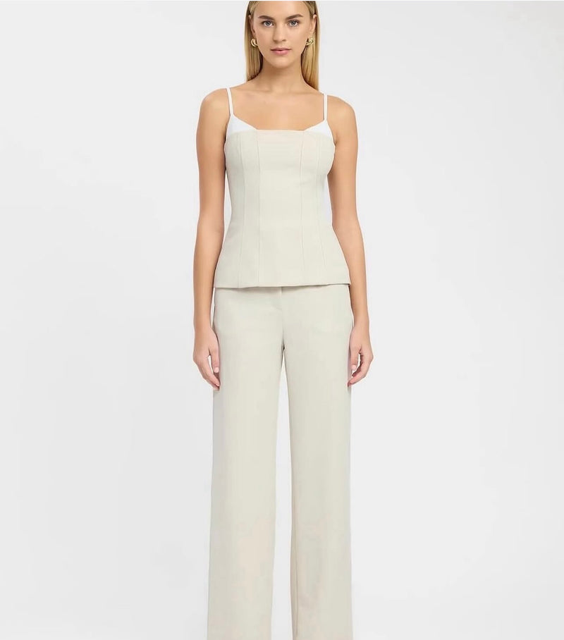 Kookai Ariel Contrast Top & Ariel Straight Leg Pants- Almond Milk