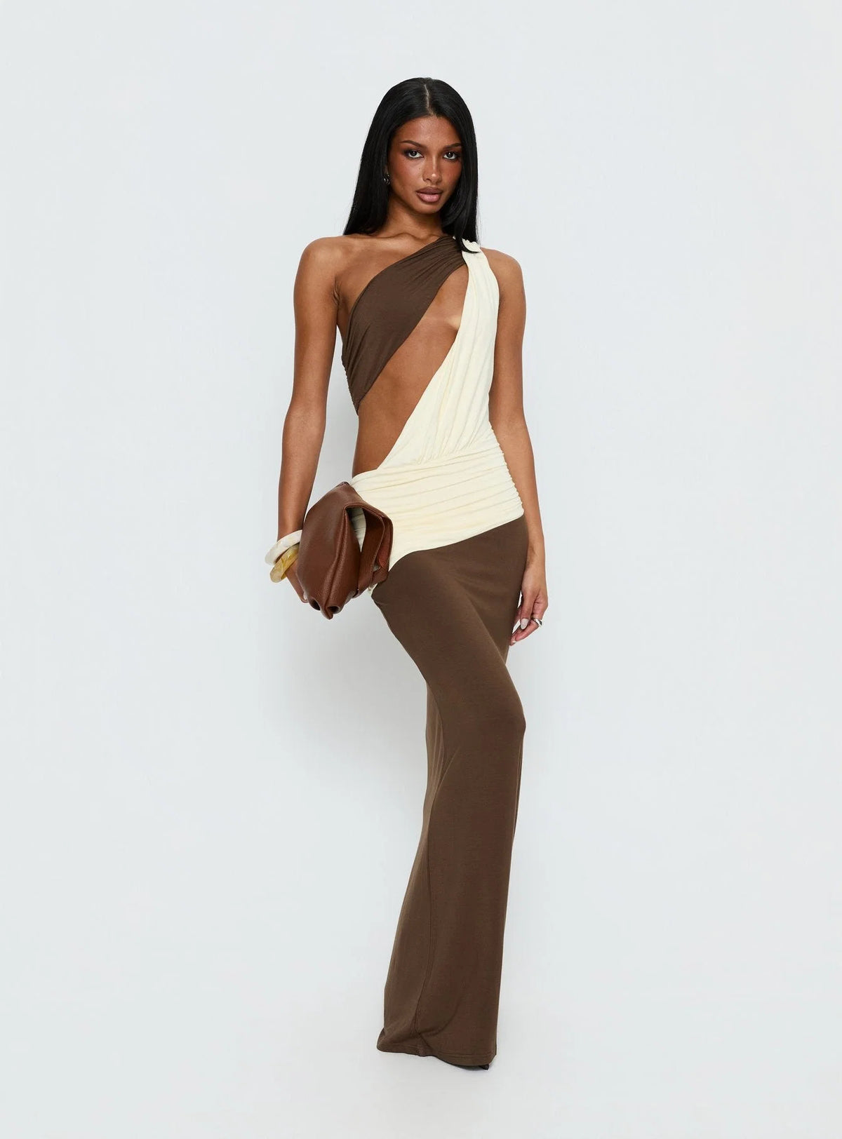 Princess Polly Loletta Draped One Shoulder Maxi Dress- Yellow/Brown