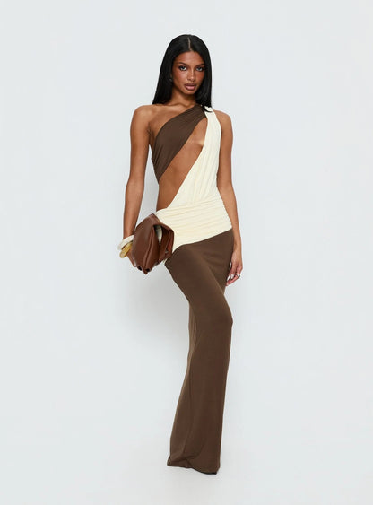 Princess Polly Loletta Draped One Shoulder Maxi Dress- Yellow/Brown