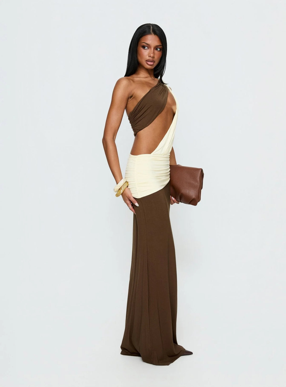 Princess Polly Loletta Draped One Shoulder Maxi Dress- Yellow/Brown