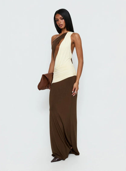 Princess Polly Loletta Draped One Shoulder Maxi Dress- Yellow/Brown