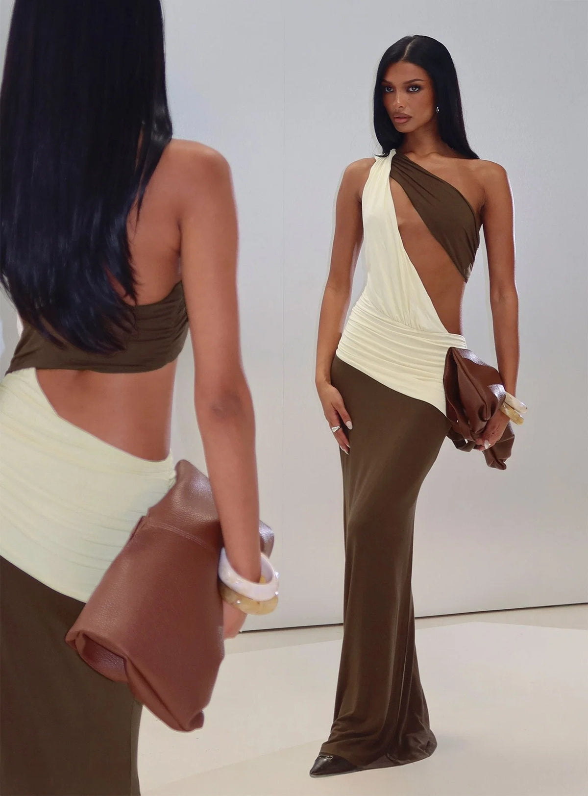 Princess Polly Loletta Draped One Shoulder Maxi Dress- Yellow/Brown