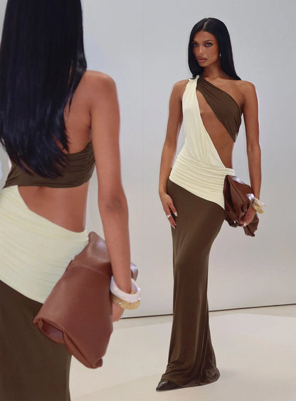 Princess Polly Loletta Draped One Shoulder Maxi Dress- Yellow/Brown