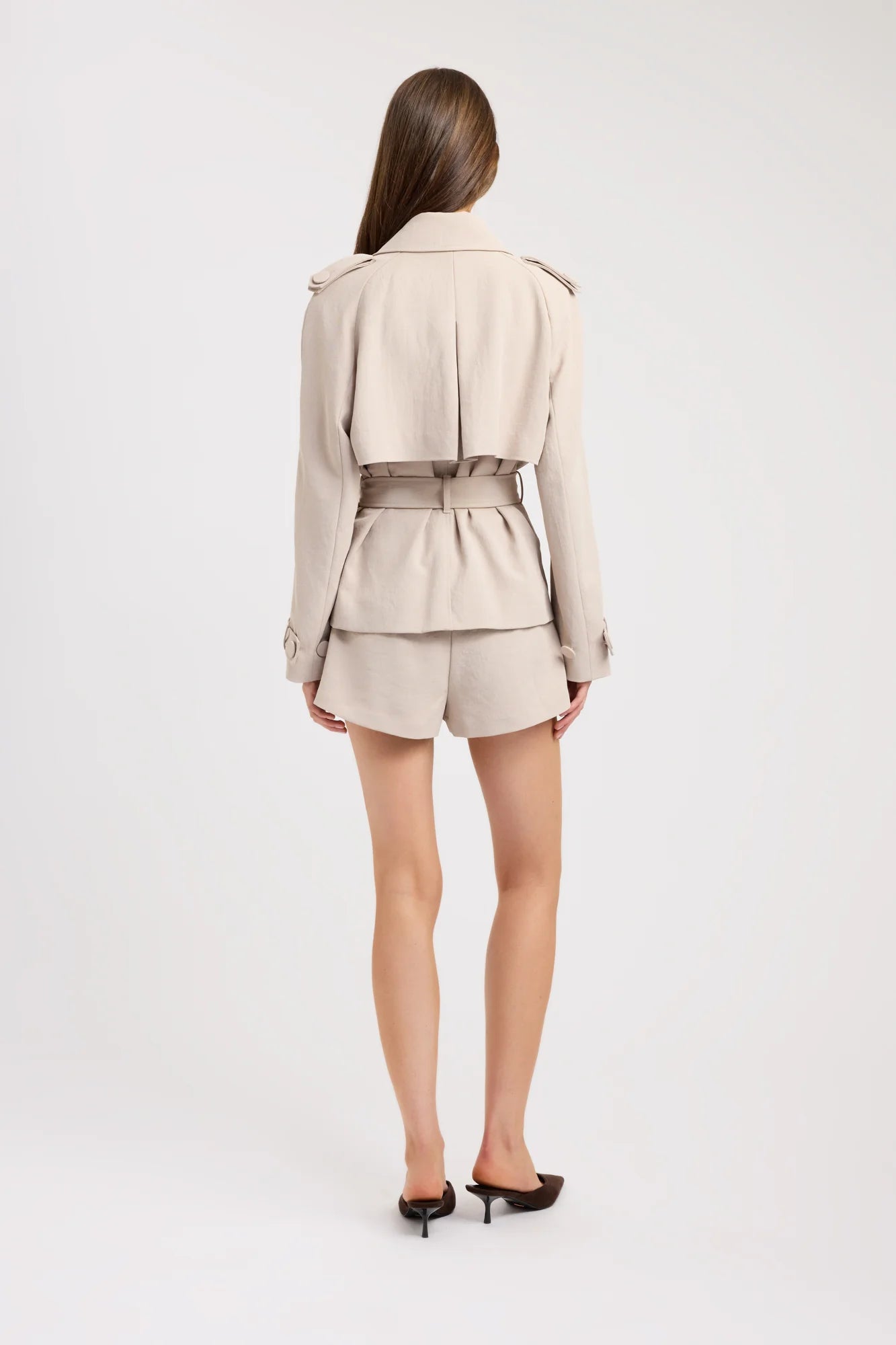 Kookai Ariel Cropped jacket & Ariel Mini Shorts- Dark Oat