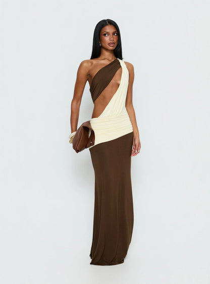Princess Polly Loletta Draped One Shoulder Maxi Dress- Yellow/Brown