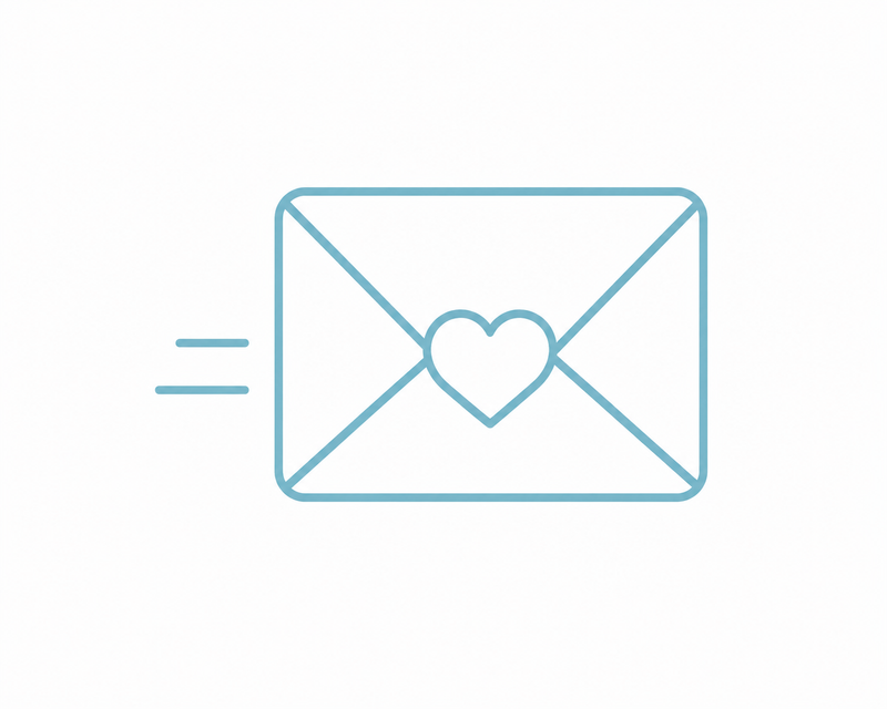A minimalist light blue line icon of an envelope with a heart in the center and two horizontal bars to the left, shown on a plain white background.