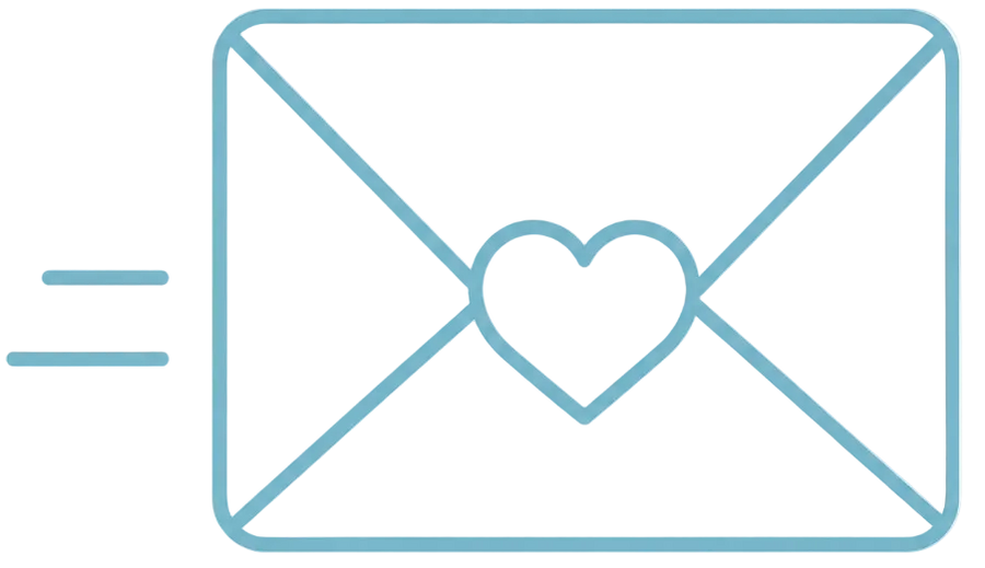 A minimalist light blue line icon of an envelope with a heart in the center and two horizontal bars to the left, shown on a plain white background.